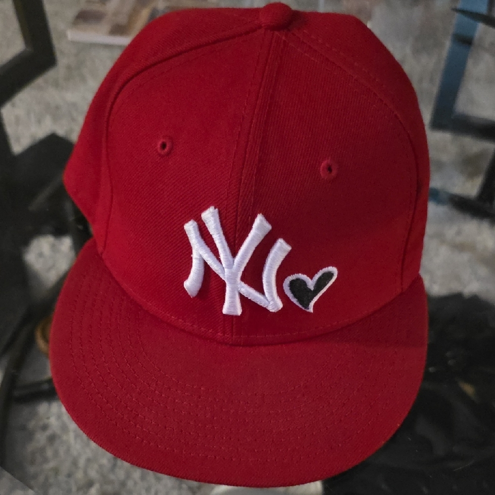 New Era Yankees Red Cap with White Logo Black Heart 7 3/8 (732)